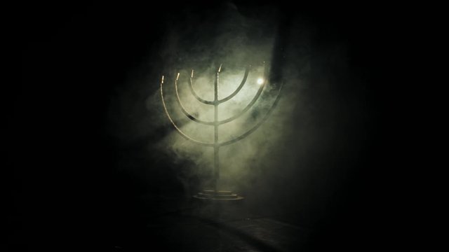 Slow Motion Of Large Brass Jewish Menorah Candelabra