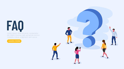 People Characters Standing near Question Marks. Women and Men Ask Questions and receive Answers. Online Support center. Frequently Asked Questions Concept. - obrazy, fototapety, plakaty