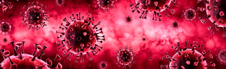 Covid-19 - Coronavirus In Red Background - Virology Concept - 3d Rendering
