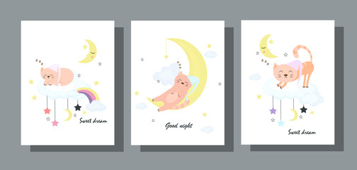 Set of night cards cute sleeping cat in a flat design. Baby backgrounds with clouds, stars, Moon and kitten.