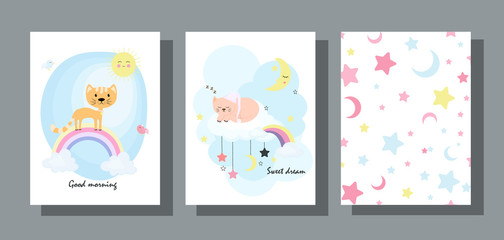 Fototapeta na wymiar Set of children's cards with a cute cat in a flat design. Baby backgrounds with clouds, stars, moon and kitten.