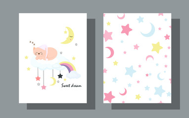 Postcards for sleep a cat in a hat sleeps on a cloud. Children's backgrounds with clouds, stars and the Moon