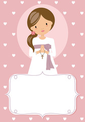 First communion card. Praying girl Frame with space for text