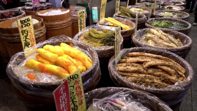 Various pickled vegetables at Nishiki market, Kyoto, Japan