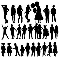 vector, isolated, collection, kids silhouettes set
