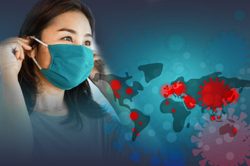 corona virus or covid-19 with Asian woman wearing face mask and pandemic on world map in background 