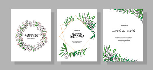 Set of wedding invitations flowers, leaves, flower and grass garlands with green foliage isolated on a white background hand drawing.