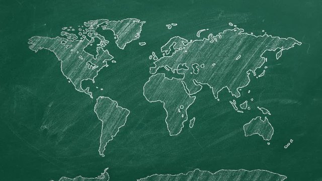 World map hand drawn chalk. Sketch on a chalkboard.
