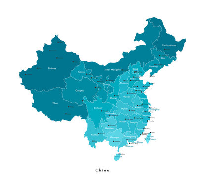 Vector modern illustration. Simplified isolated administrative map of China (PRC). White background and outlines. Names of some cities (Beijing, Hong Kong) and chinese provinces.