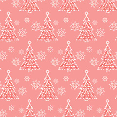 Vector red monochrome sparkling christmas tree and stars seamless background. Suitable for textile, gift wrap and wallpaper.