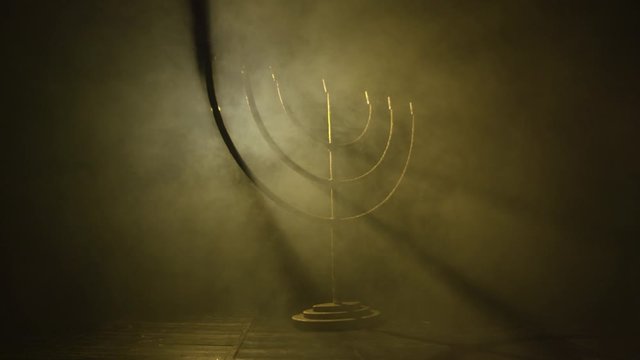 Slow Motion Of Large Brass Jewish Menorah Candelabra