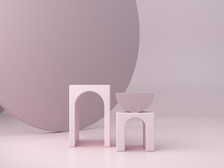 Minimal scene with podium and abstract background. Geometric shapes. Pastel colors scene. Minimal 3d rendering. Scene with geometrical forms and textured background for cosmetic product. 3d render. 