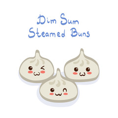 Kawaii Steamed Buns (Dim Sum) vector character isolated on white background. Funny & happy smiling Chinese buns illustration. Cute yummy traditional asian food mascot illustration. Kids menu concept.