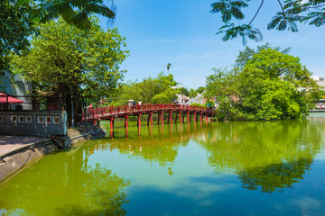 Morning Sunlight Bridge on Hoan Kiem lake, Hanoi Old Quarter, Vietnam