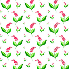  Pattern of green leaves and berries for fabric or paper. Watercolor illustration drawn by hand.