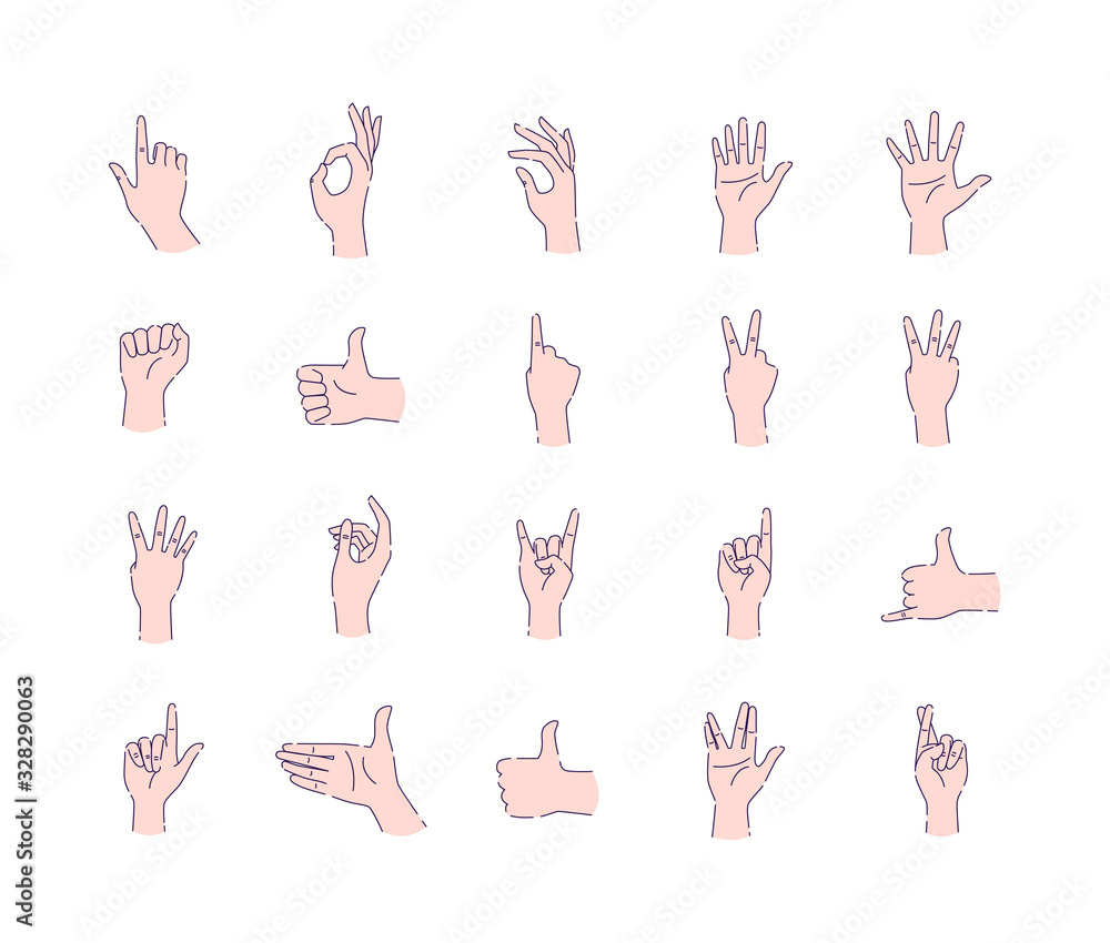 Poster different hands gestures of human line icons set. pictograms for web page, mobile app, promo. ui ux 