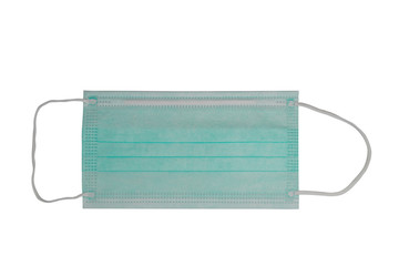 Surgical mask with rubber ear straps. Typical 3-ply surgical mask to cover the mouth and nose. Procedure mask from bacteria. Protection concept.