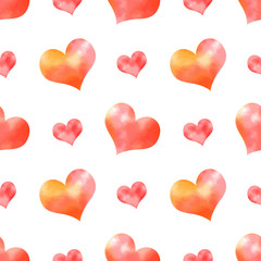 Lovely pattern with red and orange watercolor hearts on the white background. Seamless ornament for packaging, wrapping paper, scrapbook, textile, diaper
