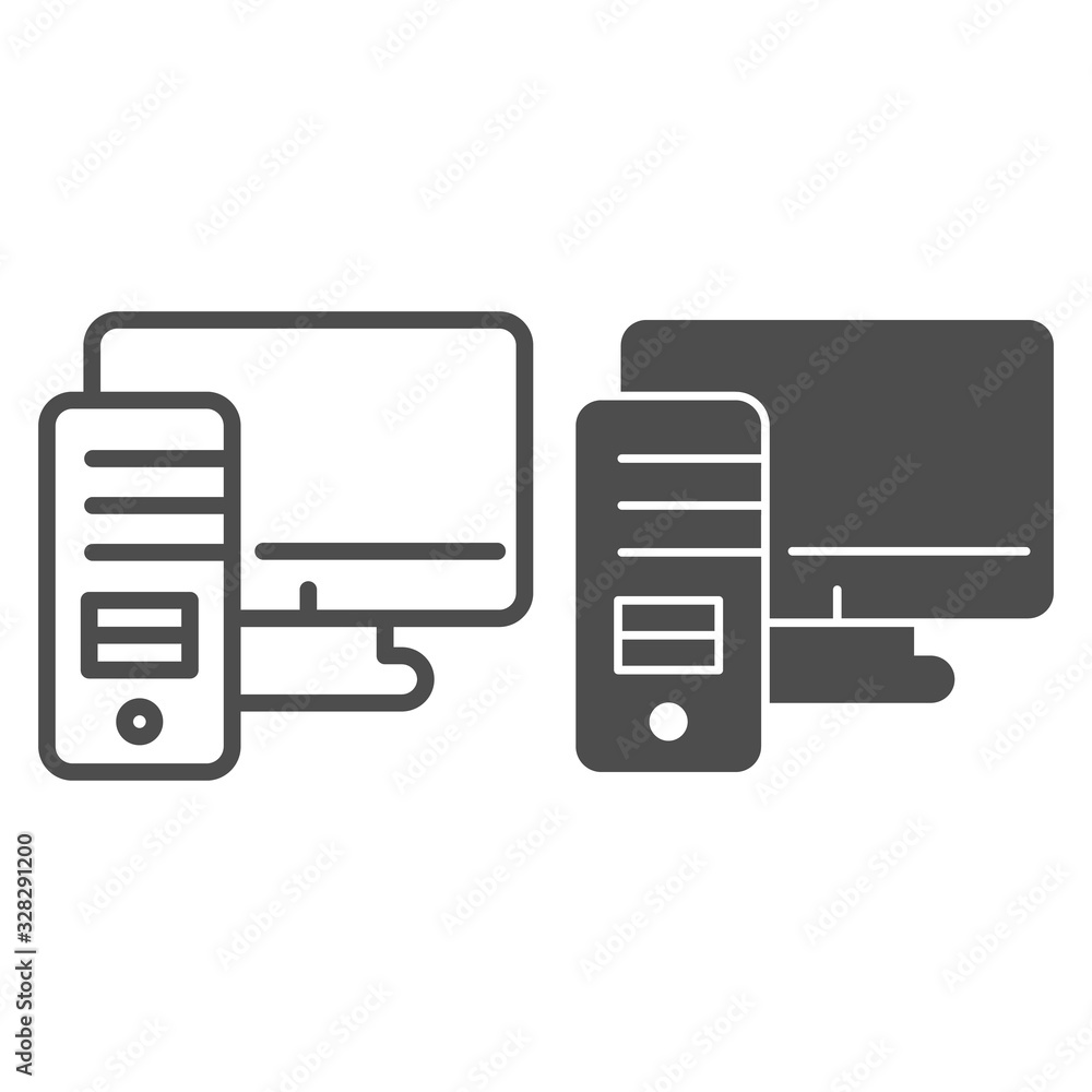 Poster personal computer line and solid icon. workstation case with monitor symbol, outline style pictogram