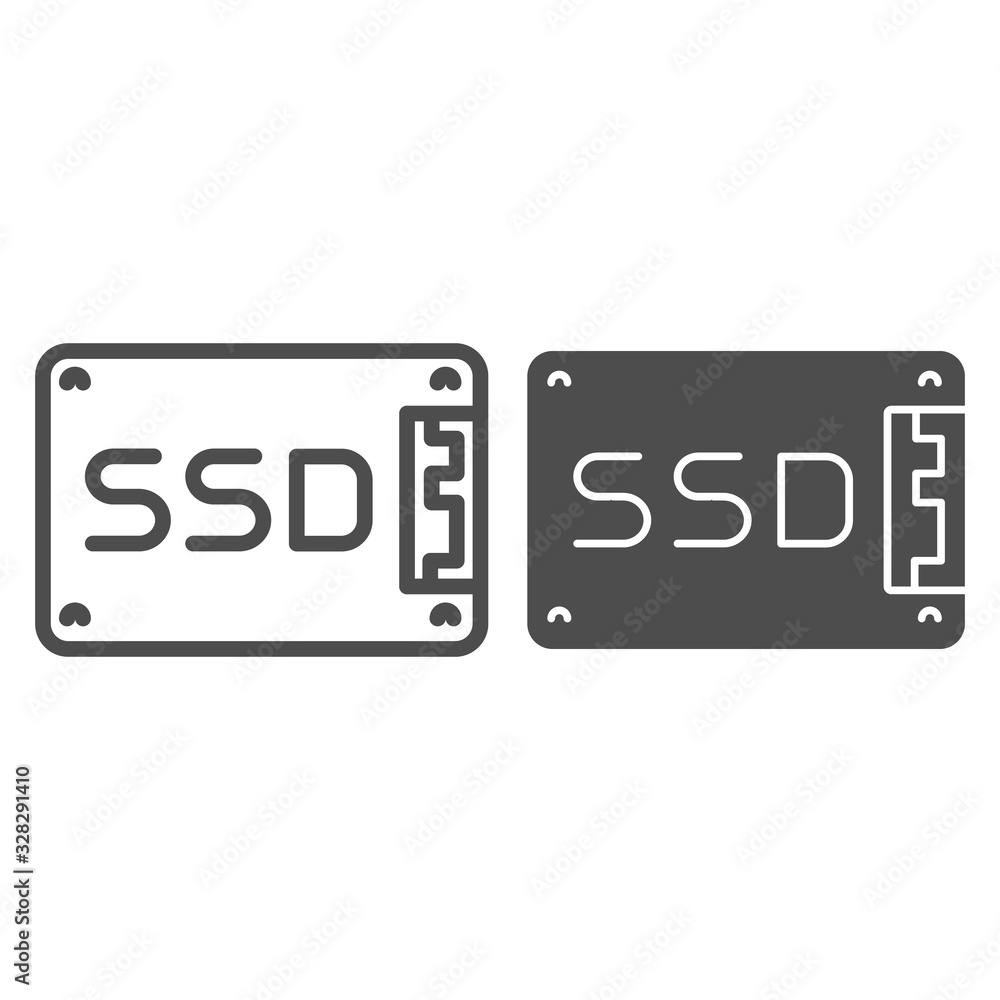 Poster solid state drive line and solid icon. data memory storage, hard drive symbol, outline style pictogr