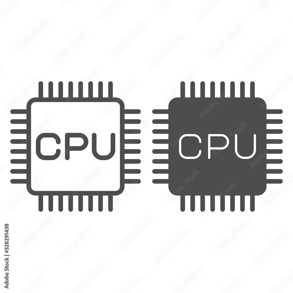 Poster processor chip line and solid icon. computer hardware, central processing unit symbol, outline style