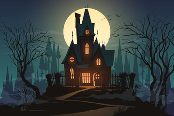 Dark halloween house with moon - obrazy, fototapety, plakaty