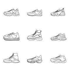 Set of sneakers vector Icon. Linear black shoes on white Background.Simple illustration of fitness and sport, gym shoe. Sign shop graphics