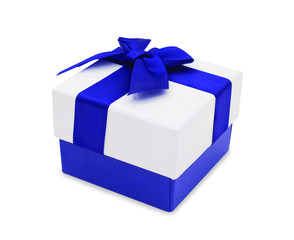Closeup white gift box with blue ribbon isolated on white background with clipping path, Christmas and new year's day concept