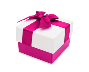 Closeup white gift box with pink ribbon isolated on white background with clipping path, Christmas and new year's day concept