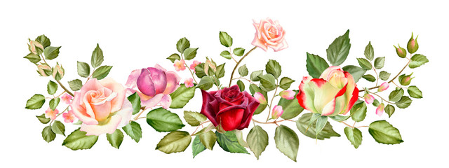Panele Szklane  Horizontal border watercolor bouquet of blossom roses, buds and leaves. Spring or summer flowers for invitation, wedding or greeting cards.