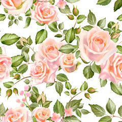 Fototapety  Akwarela kwiatowy wzór z kwiatów róży i zielonych liści na białym tle. Ręcznie malowany nadruk do projektowania i dekoracji tekstyliów.