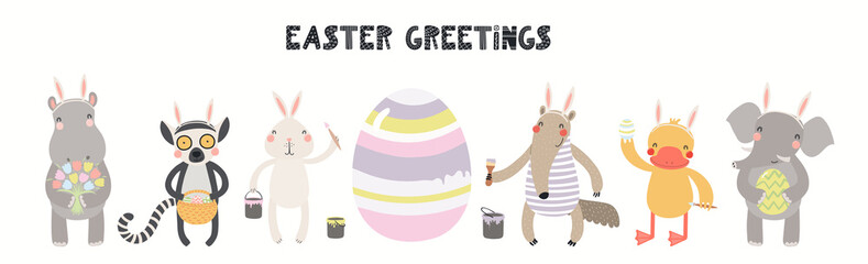 Hand drawn card, banner with cute animals, eggs, text Easter Greetings. Vector illustration. Isolated on white background. Scandinavian style flat design. Concept kids holiday print, invite, gift tag.