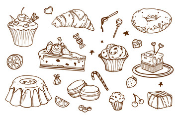 Sweet Dessert hand-drawn vector illustration on a isolated background.  Many types of desserts, sweets and bakery products.