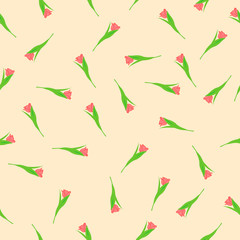 Hand drawn seamless pattern flowers with leaves. Flower isolated on color background. Botanical organic spring herb. Tulips in doodle style. Collection for cards and labels, books and banners.