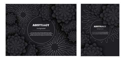 Set abstarct pattern with stylized decorative flowers, silver leaves. Color vector illustration in minimalist black color, vertical view