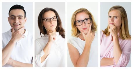 Pensive women and thoughtful man.Collage of thoughtful young people standing with hands on faces isolated on white background. Thinking concept