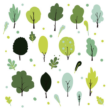 A stylized hand drawn trees and leaves set differetn shapes and colors