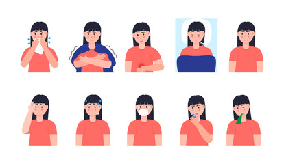 Sick girl coughing, sneezing. Set character vector of cold, flu, sore throat, measles. Illustrations of fever, allergy, headache, vomiting are isolated on white background - obrazy, fototapety, plakaty
