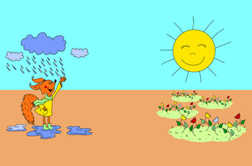 Cartoon drawing for kids. Puzzle, task, riddle for a magazine or children's book. a squirrel character rejoices in raindrops. Lovely animal. Help the squirrel get to the meadow with flowers.