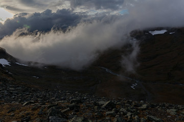 Sarek National Park in Lapland view from the mountain, autumn, Sweden, selective focus