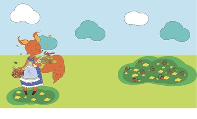Cartoon drawing for kids. Puzzle, task, riddle for a magazine or children's book. Help the squirrel character reach the meadow with flowers. Squirrel with a basket of berries.
