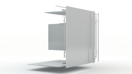 3D rendering of an abstract white cube torn apart. Cube segments in the space above the white surface.