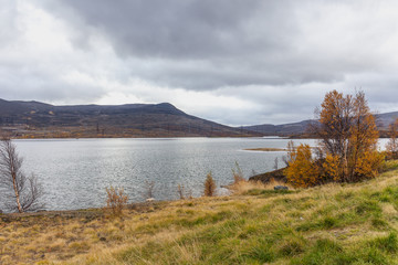 Kola Peninsula, Russia, tundra, beautiful lake, colorful autumn landscape. selective focus