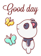 Cute panda cartoon kawaii flat good day hand drawn isolated on white background