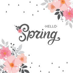Hello Spring typography vector design for greeting cards and poster. Hand lettering text isolated on pink background. Design template celebration. Vector illustration.