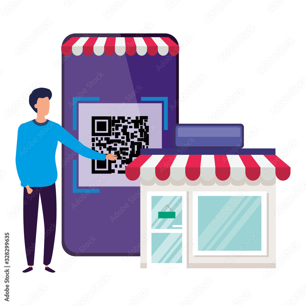 Poster scan code qr in smartphone with businessman and store vector illustration design