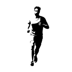 Running man, marathon run front view. Abstract vector silhouette