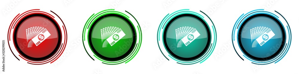 Aufkleber Money round glossy vector icons, set of buttons for webdesign, internet and mobile phone applications in four colors options isolated on white background