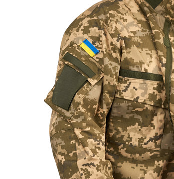 fragment of the sleeve of a camouflage uniform of a Ukrainian soldier with the flag of the state