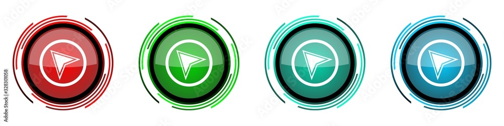 Fototapete Navigation round glossy vector icons, set of buttons for webdesign, internet and mobile phone applications in four colors options isolated on white background